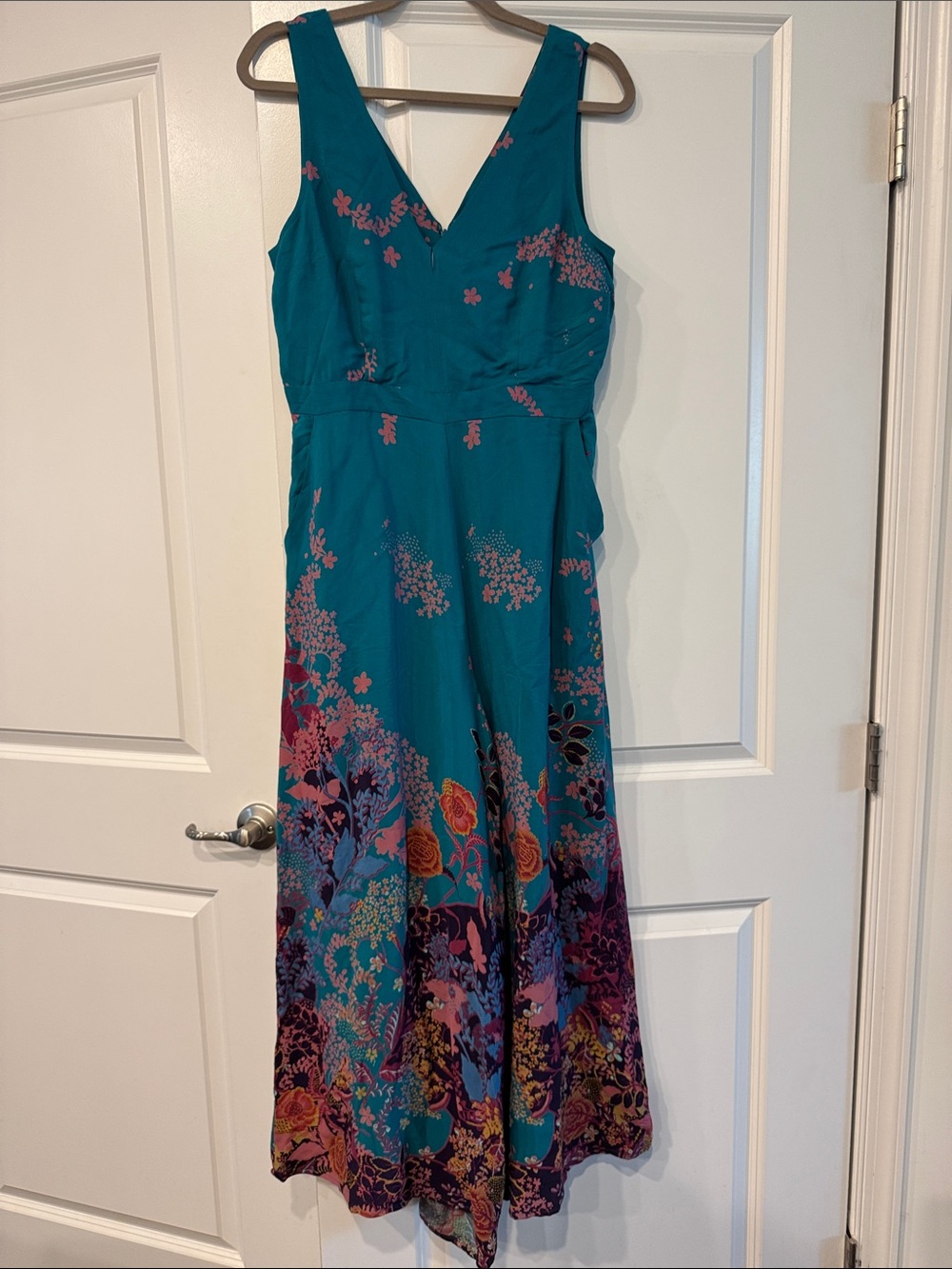Maeve Teal Wide-Leg Jumpsuit with Pink and Purple Floral Border